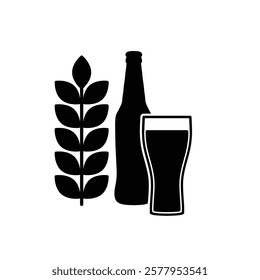 wheat beer bottle and glass icon, silhouette of beer bottle 