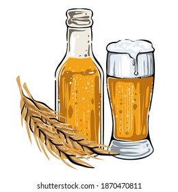 Wheat beer, bottle, glass, wheat spikelet, hand drawn vector