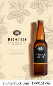 Wheat Beer Bottle On Engraved Hops Design Background In 3d Illustration