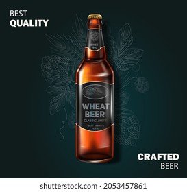 Wheat beer bottle. Realistic image, product advertising. Graphic elements for websites with alcoholic beverages. Template, mockup. Volumetric vector illustration isolated on dark green background