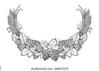 Wheat and beer hops branch with wheat ears, leaves and hop cones. Sketch and engraving design plant angular frame. All element isolated.