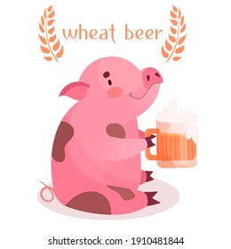 wheat beer, pig with beer logo, beer pub label, cute pig character with  beer mug, vector illustration