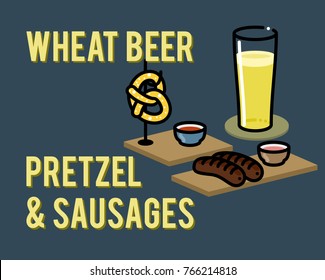 Wheat beer, pretzel and sausages. Traditional German or Bavarian meal. High beer glass for wheat hefeweizen german beer. Soft pretzel on hook and sausages with sauce. Isolated flat line art style.