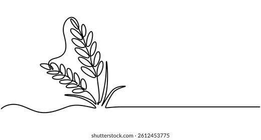 Wheat Berry Continuous Line Art Illustration, One continuous line. Spikelet of wheat. Spikelet of a cereal plant. Flat minimal icon. One continuous line on a white background, Ears of wheat one line.