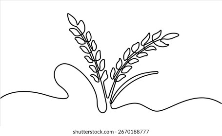 Ilustración continua del arte de la línea de la baya de trigo, una línea continua. Espiguilla de una planta de cereal. Espiga de trigo. Arte de línea de cosecha de otoño.