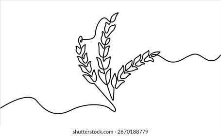 Ilustración continua del arte de la línea de la baya de trigo, una línea continua. Espiguilla de una planta de cereal. Espiga de trigo. Arte de línea de cosecha de otoño.