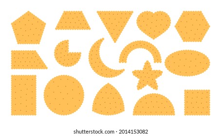 Wheat biscuit icons set. Breakfast snack, cracker in flat cartoon style. Collection tasty food cookies different shape top view circle, square. Pastry cookie. Isolated on white vector illustration