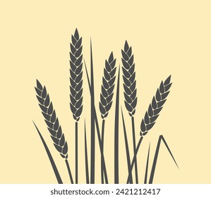 Wheat. Black silhouettes of ripe spikelets and dry leaves isolated on a yellow background. Symbol of fertility, symbol of wealth, symbol of life. Stylized vector illustration.
