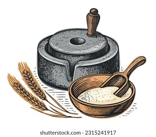 Wheat, bowl of grain and millstone, vector illustration. Flour production. Hand mill, stone tool for grinding grain