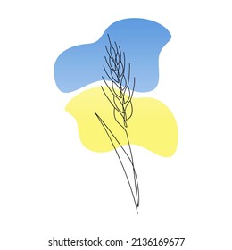Rama de trigo dibujada en una línea contra el fondo de la bandera ucraniana. Símbolo de país agrícola. Esbozo floral. Rueda continua dibujando orejas maduras. Arte minimalista. Ilustración vectorial.
