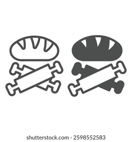 Wheat bread and dough roller line and solid icon, bakery concept. Vector graphics. Bread with wooden rollers pair, pastry sign on white background, outline style icon for mobile or web design