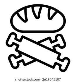 Wheat bread and dough roller line icon, bakery concept. Vector graphics. Bread with wooden rollers pair, pastry sign on white background, style mobile or design