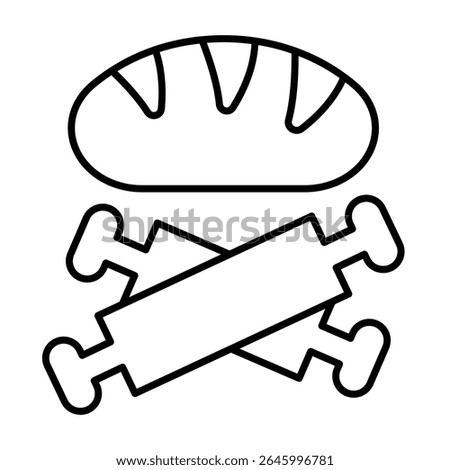 Wheat bread and dough roller thin line icon, bakery concept. Vector graphics. Bread with wooden rollers pair, pastry sign on white background, style mobile or design