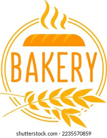 Wheat bread food icon logo with bakery sign, isolated on white label, vector illustration. Emblem element for graphic vintage pastry shop.
