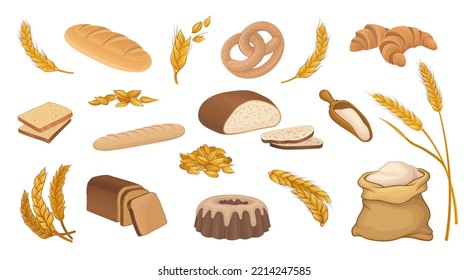Wheat Bread Product with Spikelet of Cereal Grain Agricultural Crop Big Vector Set