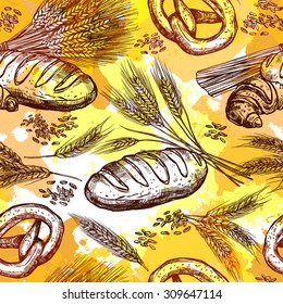 Wheat and bread products seamless pattern hand drawn vector illustration