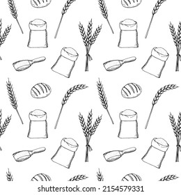 Wheat and bread seamless pattern vector illustration, hand drawing sketch