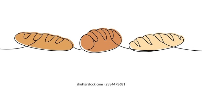Wheat bread set one line colored continuous drawing. Whole grain and wheat bread continuous one line illustration. Vector minimalist illustration.