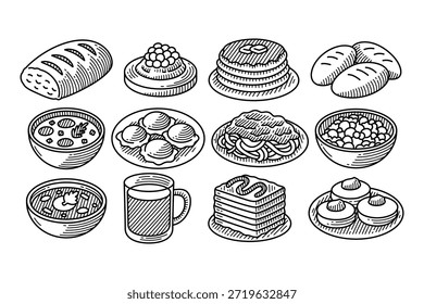 Pan de trigo, waffle con bayas de crema, panqueque con mantequilla derretida, bollos, sopa, dim sum, espaguetis, ensalada de frijoles, bebida, lasaña, rosquilla grabada símbolo de icono de arte de línea establecido para restaurante, cafeterías, panadería
