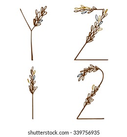 wheat brown font by hand drawing English alphabet and number with isolated on white backgrounds. Vector and illustrator ESP 10.