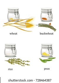 Wheat buckwheat, rice peas in a glass bowl