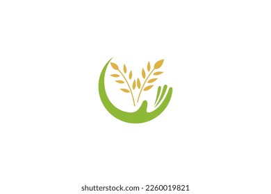 Wheat care logo with hand and wheat shape symbol simple design concept