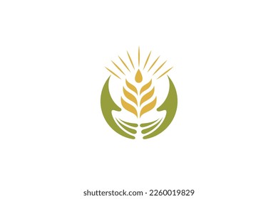 Wheat care logo with hand and wheat shape symbol suitable for design of wheat farm, bakery, groceries and others