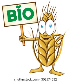 wheat cartoon bio  with signboard isolated on white  background