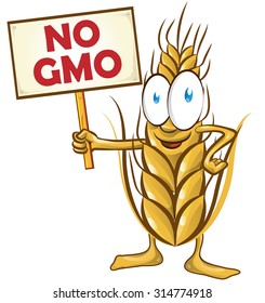 wheat cartoon with signboard no gmo isolated on white  background