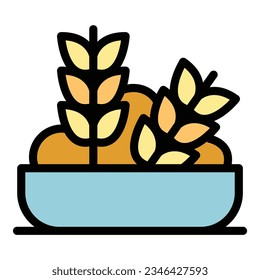 Wheat cereal food icon outline vector. Bowl corn. Muesli fruit color flat