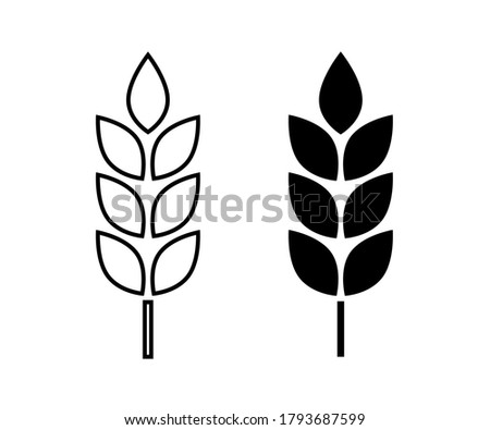 Wheat cereal icon. Fiber oat. Logo bakery. Spike wheat. Bread grain isolated on background. Seed flour barley, corn, rye, malt, bran, millet, maize, rice. Silhouette stalk ear of wheat. Sign crop