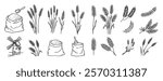 wheat and cereal plants, rye barley and ears of wheat in bag doodle hand drawn icon set. Outline drawing ears of wheat line clipart symbol collection. Vector illustration