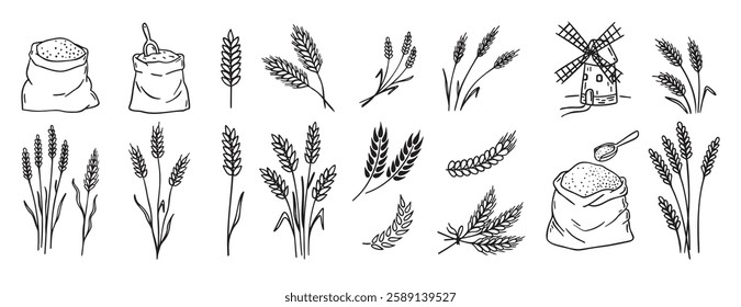 wheat and cereal plants, rye barley and ears of wheat in bag doodle hand drawn icon set. Outline drawing ears of wheat line clipart symbol collection. Vector illustration