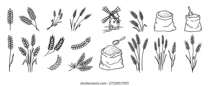 plantas de trigo e cereais, centeio de cevada e orelhas de trigo em saco doodle mão desenhado ícone set. Contorno de desenho orelhas de linha de trigo clipart coleção de símbolos. Ilustração vetorial