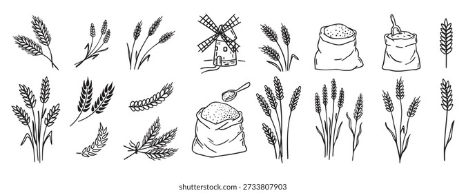 wheat and cereal plants, rye barley and ears of wheat in bag doodle hand drawn icon set. Outline drawing ears of wheat line clipart symbol collection. Vector illustration