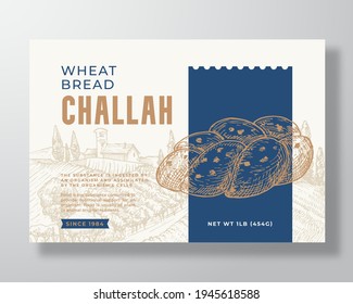 Weizen Challah Brot Label Vorlage. Abstraktes Design für Vektorverpackungen. Modernes Typografie-Banner mit handgezeichnet Loaf und ländlichem Landschaftshintergrund. Einzeln.