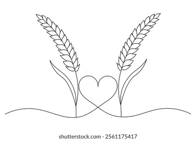 Wheat continuous one line drawing of feather isolated outline flat vector illustration