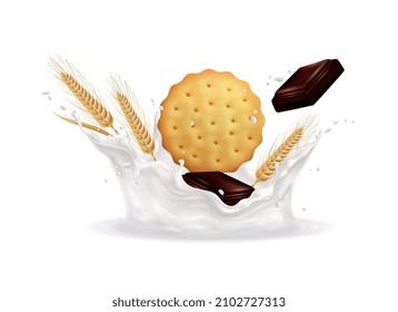 Galleta de trigo y trozos de chocolate en trozos de leche o yogur ilustraciones vectoriales realistas