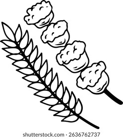 Wheat and cotton branch black and white line illustration  