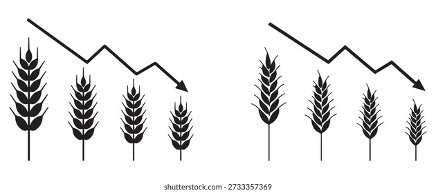 Wheat Crisis Vector Illustration: Flat Black Icon Style on White Background featuring Grain Decline Graph for Food Shortage, Agriculture Economics, and Global Famine Concept, EPS 10