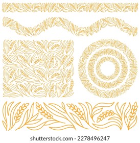 Wheat design kit for bakery. Cereal ornament set. Editable outline stroke. Vector line.