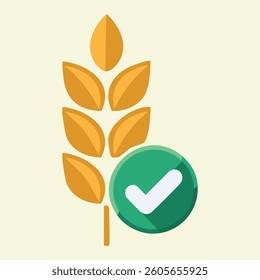 Wheat ear and checkmark icon. Represents approved harvest or quality. Green circle