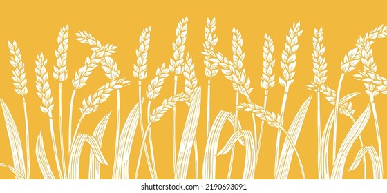 Fondo del borde grabado de la oreja de trigo. Cereales rayado de espiga madura patrón horizontal. Prensa de silueta agrícola, producción de harina. Plantilla de diseño, banner para esténcil de la granja, pan orgánico, vector de cerveza