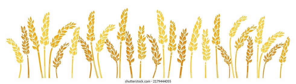 Wheat ear gold engraved border background. Agricultural silhouette press, golden flour production. Cereals ripe spike frame horizontal pattern. Design template farm stencil, organic bread, beer vector