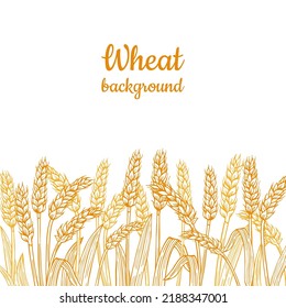 Wheat ear gold sketch border background. Agricultural linear golden flour production. Cereals ripe spike frame horizontal pattern. Design template farm stencil, organic bread, beer vector