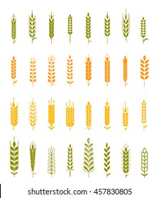 Wheat ear icon set, leaves icons, graphic design elements, black isolated on white background, vector illustration.