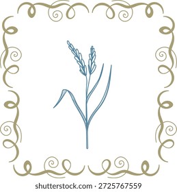 Desgaste de trigo con hojas centradas en un borde de remolino decorativo, dibujado como arte lineal limpio. Símbolo de cosecha, agricultura y crecimiento orgánico para la marca de alimentos y temas agrícolas. Ilustración vectorial de dibujos animados.