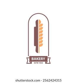 Wheat ear and rolling pin, ribbon with copy space for bakery shop name. Vector isolated logotype for baker business. Organic pastry and delicious buns, baguettes and tasty local production