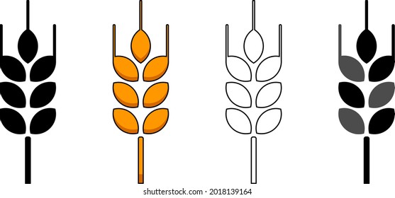 Wheat ear set. Cereal plant icon, vector illustration, spica, yellow, black silhouette and line, isolated on white background