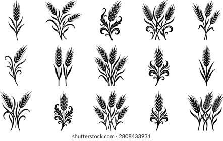 Wheat Ear Silhouette Vector Set with Black Grain Stalks and Decorative Ornamental Shapes for Agriculture and Bakery Designs
